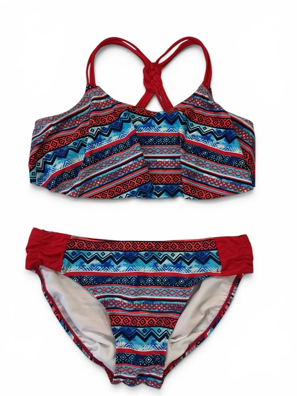Justice Store Red, Blue & Aqua Patterned Girls Two-Piece Swim Bikini Size 18